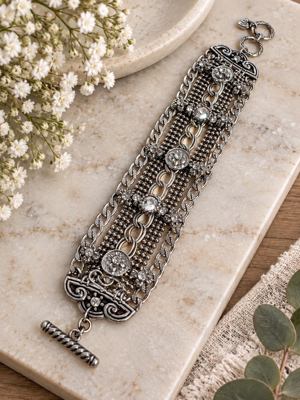 Brighton Silver Tone Chain Beaded Multi Strands Bracelet